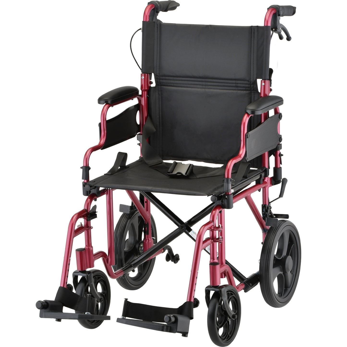 Lightweight Transport Chair with 12" Rear Wheels, Locking Hand Brakes, Flip Up Desk Arms Red