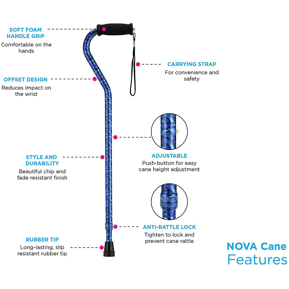 Offset Cane with Strap, Blue Waves
