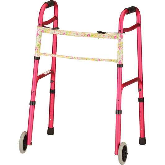 Folding Walker With 5" Wheels - Pink With Floral Print