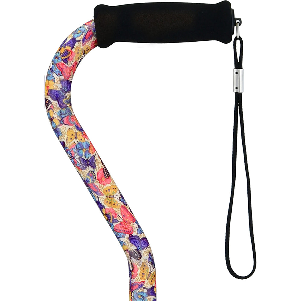 Heavy Duty Walking Cane with Offset Handle and Strap, Butterfly Symphony