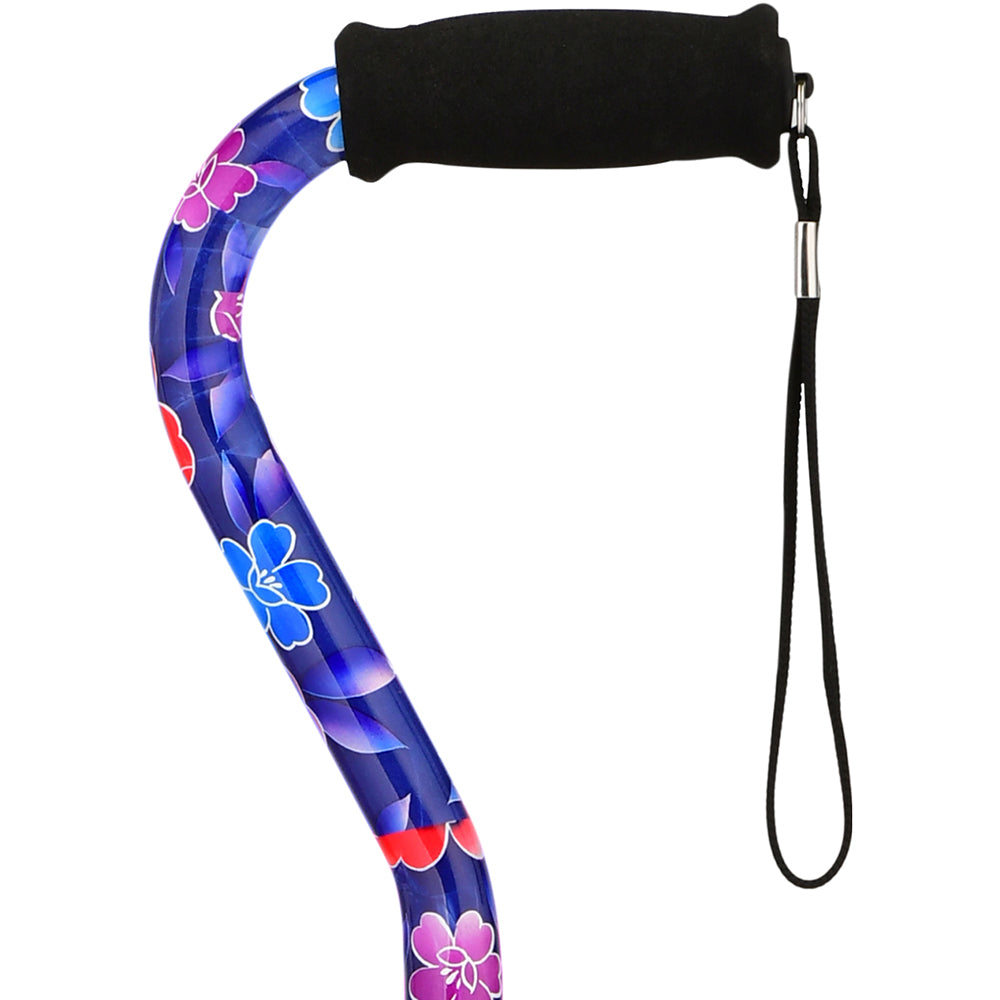 Heavy Duty Walking Cane with Offset Handle and Strap, Maui Flowers