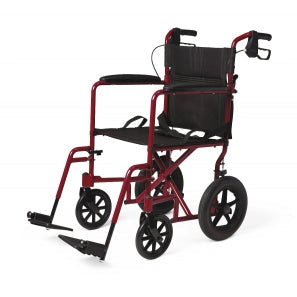 Medline Basic Aluminum Transport Chair with 12" Wheels, Fixed Full-Length Arms and Swing-Away Footrests, Red