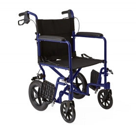Medline Basic Aluminum Transport Chair with 12" Wheels, Fixed Full-Length Arms and Swing-Away Footrests, Blue