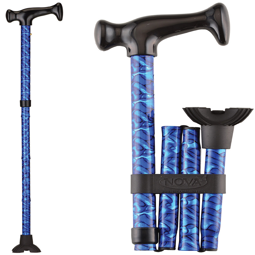 Folding Cane with Mini Quad Tip, Blue Waves